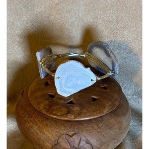 Bangle Bracelet of Agate Slices With Silver Wire Hand Made